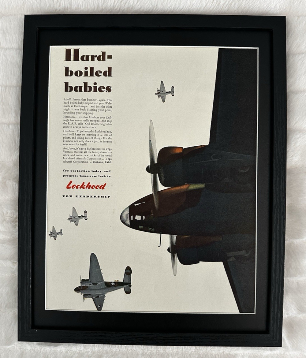 Framed 1942 Lockheed Aircraft Ad WW 2 Vega Venturas Bomber Hard-Boiled Babies